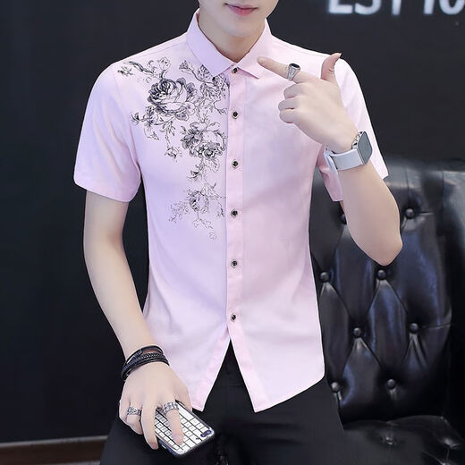 Yunhanye short-sleeved shirt men's Korean style trendy slim casual printed teenager summer half-sleeved shirt handsome shirt trendy 829 black high quality M suitable for 80-100Jin [Jin equals 0.5 kg]