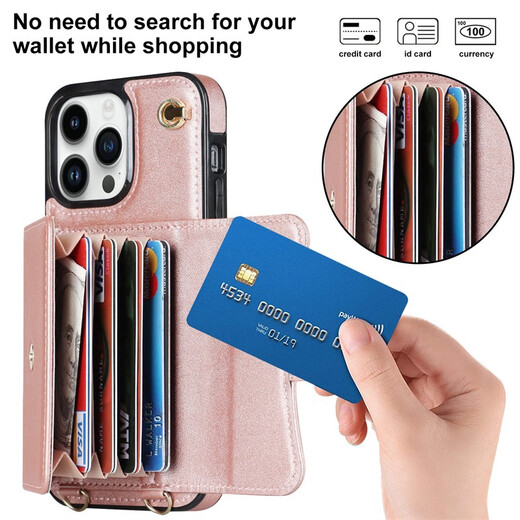 Jinhao Applicable to iPhone16pro max mobile phone case wallet leather case Apple 15 full cover 14 anti-fall 13 protective case card 12 bracelet high-end fashion bracelet + shoulder strap + organ card bag rose gold 6.7-inch apple 12pro max