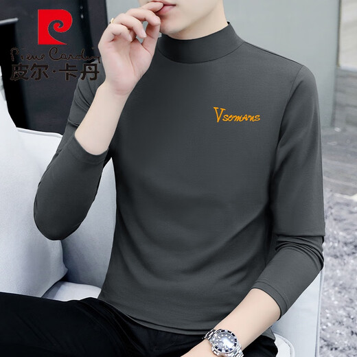 Pierre Cardin Herbst und Winter halbhoher Hals-Hemd-Hemd-Hemd-Hemd-Langarm-T-Shirt Pure Cotton Herbst Kleidung vielseitig plus Samt Einfach verdickte thermische Unterwäsche Schwarz YP-C6187 plus Samt L.