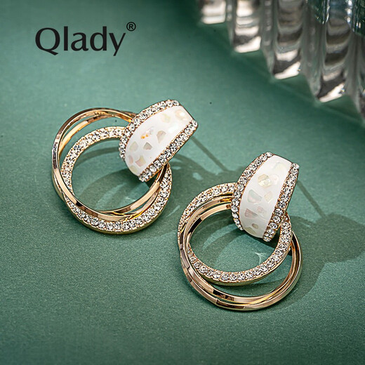 Qlady Women's Crystal Hoop Earrings Women's Trendy Fashion Korean Version Internet Celebrity Large Circle Shell Pure 925 Silver Women's Simple Silver Needle Earrings Decoration New Year's Earrings Birthday Gift Elegant White
