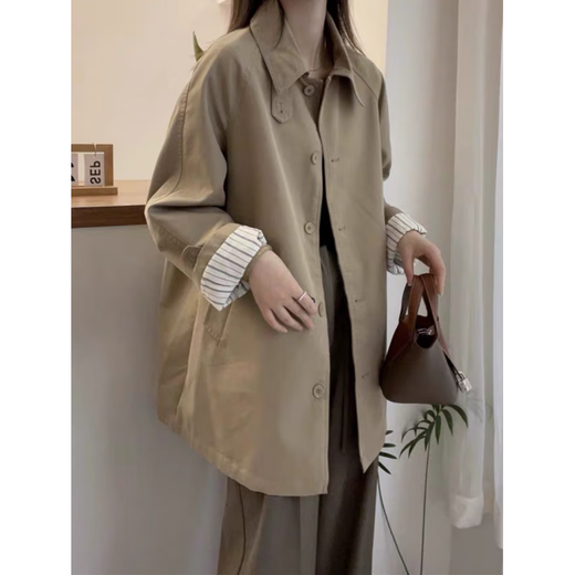 Chujing 2025 New Spring and Autumn Temperament Casual Windbreaker Jacket Women's Mid-Length Korean Style Loose Slim Small Coat Light Khaki S