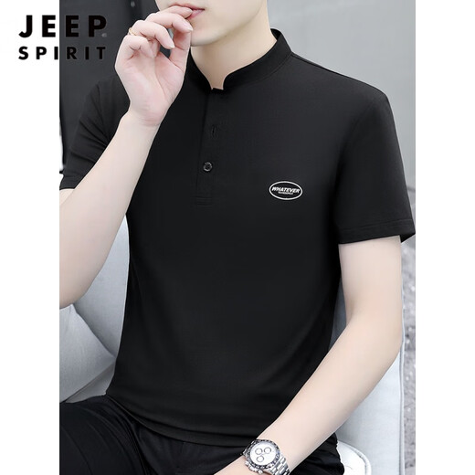 JEEP SPIRIT夏季立领男士短袖t恤纯棉简约百搭纯色半截袖男装休闲体恤衫纽扣 YPT200黑色 XL 建议130-145斤