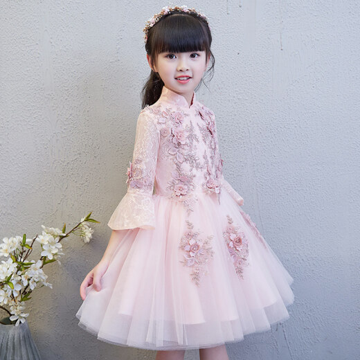 Xiaokayi Nong little girl princess dress girl piano performance dress host children's wedding dress flower girl dress fluffy gauze broken code pink 605 trumpet sleeves (slight color difference) 120cm