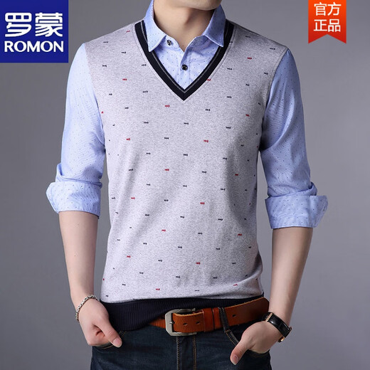 ROMON (ROMON) Spring and Autumn Fake Two-piece Shirt Collar Knit Sweater Men's Long Sleeve Double Collar Shirt T-shirt Middle-aged Men's Thin. Base Shirt 3878 Blue (Spring and Autumn) Button Cuffs Thin 2XL 180 Recommended 158-170Jin [Jin equals 0.5 kg]