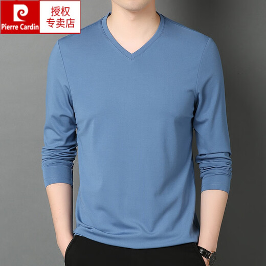Pierre Cardin Herrenkleidung, Mulberry Seiden-T-Shirt, Herren V-Ausschnitt mit langärmeligen Frühling im mittleren Alter und Herbst, Dünne Herrenkleidung, Papas Herbst Top 1506 Navy 175