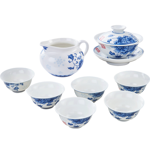 KAMJOVE blue and white porcelain Kung Fu tea set, tea cup, teapot, Sancai bowl tea set KP-95 exquisite peony style