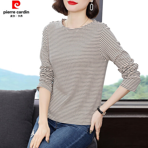 皮尔卡丹妈妈纯棉长袖T恤女2025春秋装新款中老年条纹上衣百搭圆领打底衫 蓝白条纹698款 L 建议105-115斤