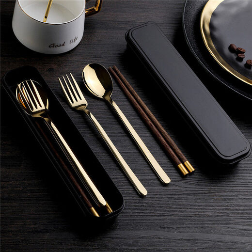 Shihua 304 stainless steel spoons, forks, chicken wings, wooden chopsticks four-piece set, student and adult travel boxed portable tableware