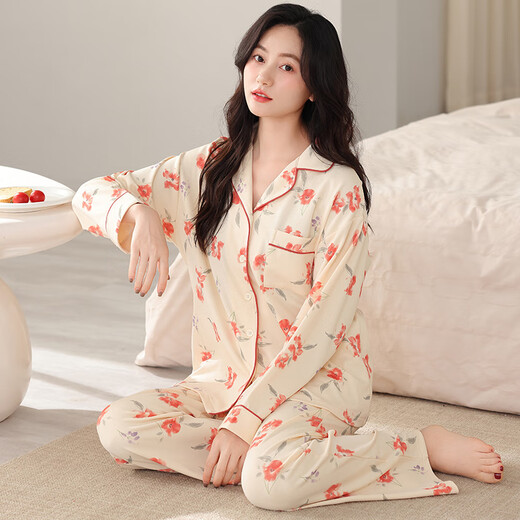 Drei Guns Pyjama Frauen Frühling und Herbst Pure Cotton Long Sleeve Hosen Mode Revers Home Anzug Herbst Baumwoll High-End-Sense Set 9249 L Frauen (Empfohlen 100-120 Jin [Jin ist gleich 0,5 kg])