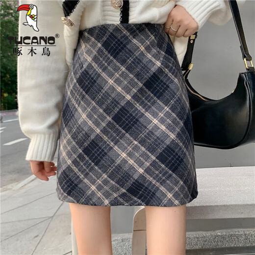 Woodpecker 2024 new autumn and winter woolen skirt college style retro high-waisted plaid skirt plaid hip-covering A-line skirt temperament brown elastic waist / inner trousers L recommended 105-120 Jin Jin equals 0.5 kg