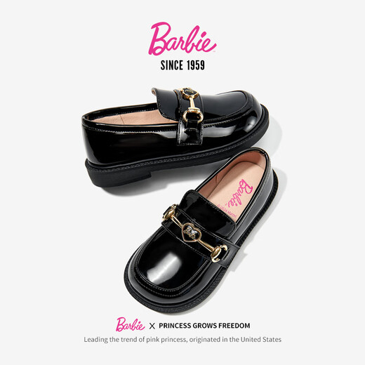 Barbie Children's Shoes Girls Spring and Autumn British Style Girls Performance Bright Leather Black Leather Shoes Slip-On DA6562 Black Size 36