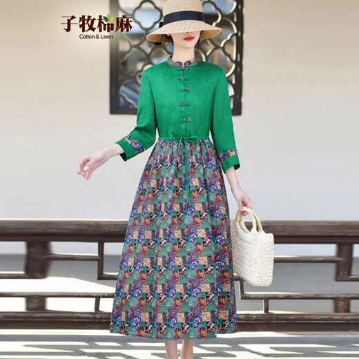 Coton Zimu et combinaison de printemps en lin Robe polyvalente pour femmes avec une taille à manches longues à la taille de la longueur du genou 9755 Green M (Recommandé 90-110jin [Jin est égal à 0,5 kg]))