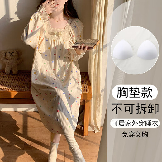 Nanbowan 2024 new spring and autumn long-sleeved polka dot women's nightgown with chest pad integrated large size pajamas pregnant women's home clothes 16857 without chest pad M (recommended weight 80-100 Jin [Jin equals 0.5 kg])