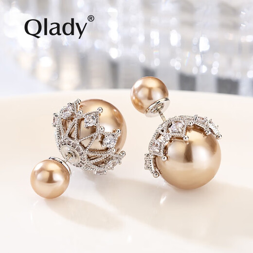 Qlady women's double-sided earrings 925 silver pearl earrings for female students, Korean style temperament, Korean personality, simple and sweet earrings, female fashion internet celebrities, the same decorative earrings, crown style - champagne gold