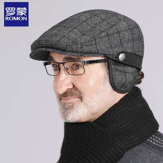 Romon wool hat men's winter plaid ear protection duck tongue forward hat for dad and elders large size windproof and cold protection thickened