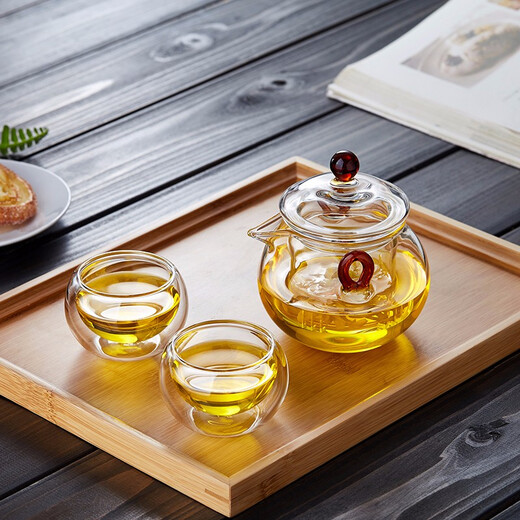 Mesni teapot, teapot, glass tea set, mini Kung Fu flower teapot, kettle, tea cup, small cup, heat-resistant double-ear teapot, filter, thickened travel tea set, one pot, two cups, wind bell kettle set