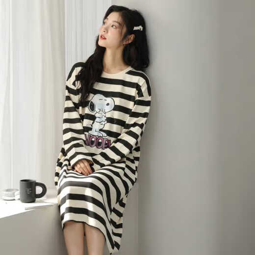 Victoria's Style 2024 New Nightgown for Women's Spring y Autumn Pure Cotton Feelting Pajamas se puede usar en el exterior, ropa de casa a rayas W9764 camisón de manga larga l 90-110Jin [Jin equivale a 0.5 kg]