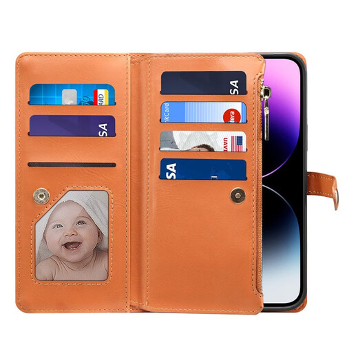 Jinhao es adecuado para iPhone16 PRO MAX HAND PANPANY Apple 15 Crossbody Willet 14 Caja de teléfono móvil con cremallera 13 Flip Hebilla magnética 12 Tarjeta Cubierta completa Case de protección anti-caza Flip Tarjeta de cremallera marrón (brazalete + correa para el hombro) Apple 15 MAX MAX