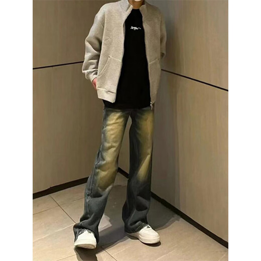 7 high-quality jeans for men's spring and autumn American-washed retro pants vibe slim straight loose micro-flare long pants for men HCFS-9904 navy blue XL