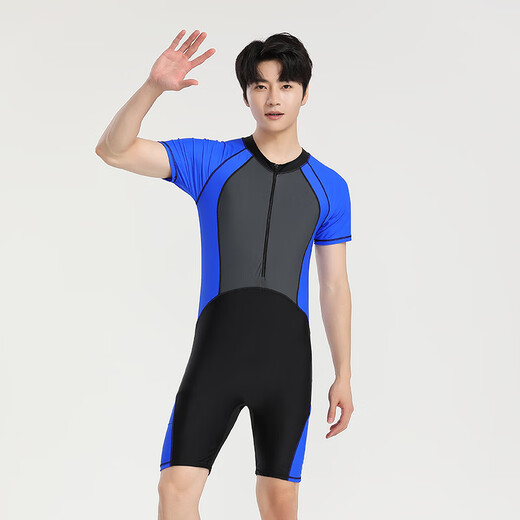 Yosoci swimsuit for boys and girls, medium and large children's wetsuit, one-piece surfing suit, short-sleeved, quick-drying, comfortable and elastic hot spring, dark blue (adult) 2XL