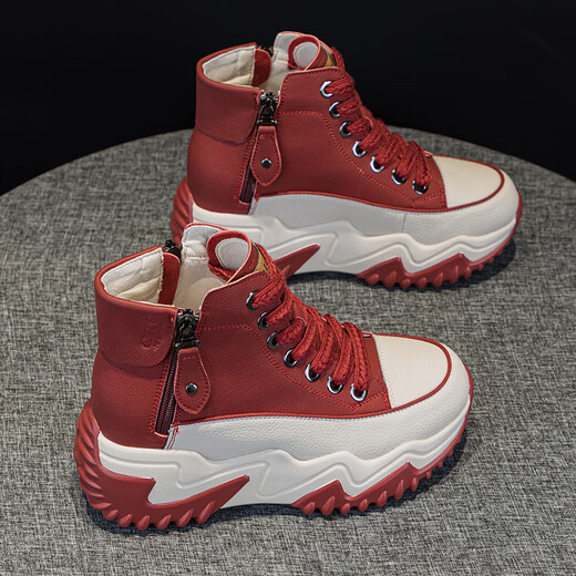 OTMX Dad Schuhe Frauen lässige Schuhe Cowide High Top Frauenschuhe 2025 Frühling und Herbst Neue, vielseitige, dick-lockige Reise-Sneakers 677 Beige Plus Velvet 36