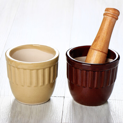 Jingling stone garlic mortar household old-fashioned garlic masher ceramic garlic jar traditional garlic masher garlic mud artifact garlic pounder round mouth brown garlic mortar + wooden hammer