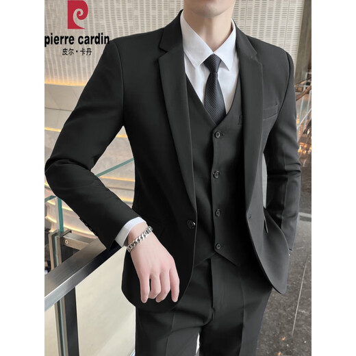 Pierre Cardin high-end light luxury suit men's jacket Korean style slim professional formal dress groom wedding dress small suit for men one button black suit + pants + shirt + vest + M (recommended 80-95Jin Jin equals 0.5kg to wear)