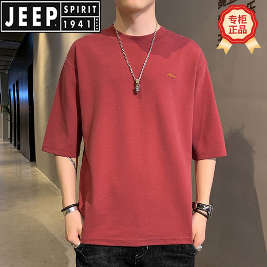 JEEP SPIRIT men's short-sleeved T-shirt, seven-quarter sleeve trendy brand INS round neck loose 2025 summer new half-sleeved top mid-sleeved T-shirt QD659 black XL [135-150Jin[Jin equals 0.5 kg]]