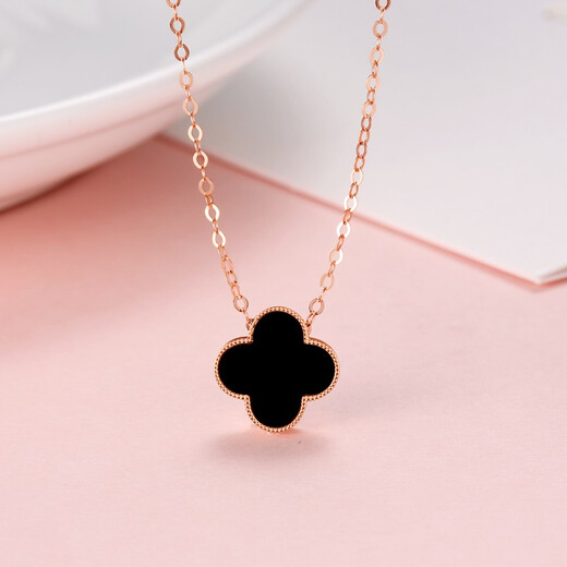 Demouni Colored Gold Necklace 18K Gold Four-leaf Clover Necklace Rose Gold Pendant Clavicle Chain Women's Two-Wear Valentine's Day Gift Four-leaf Clover (Small Version Red Front and Black Back) Ready Stock