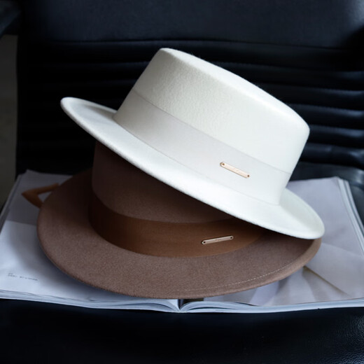 Tochino autumn and winter fashion new woolen hat for women white French large head felt hat high-end elegant flat hat camel coffee belt regular size M (55-57.5CM)