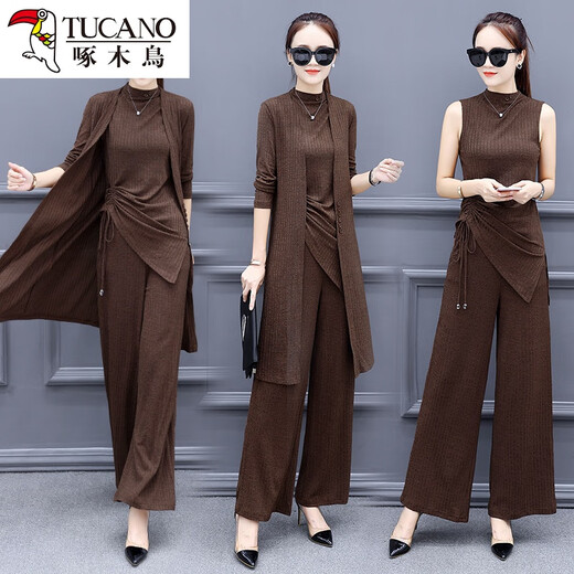 Woodpecker European Station 2024 Women's Slim Slender Troubleshooting Three -piece Fashion Autumn Long -sleeved New Women's Wide Pants Set Cacine M