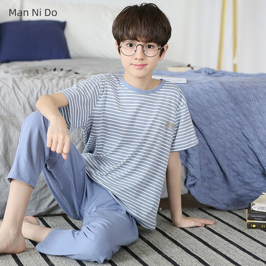 
EMBERLOVE2025 new boys pajamas spring and autumn short-sleeved trousers pure cotton teenagers suit boys children's home clothes N9901 [short length] 130 14 sizes 45-55Jin [Jin equals 0.5 kg]