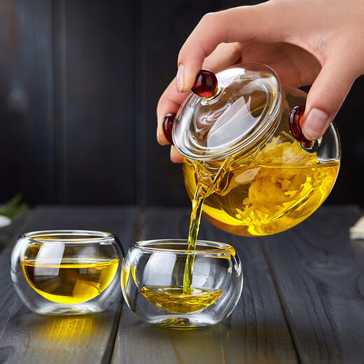 Mesni teapot, teapot, glass tea set, mini Kung Fu flower teapot, kettle, tea cup, small cup, heat-resistant double-ear teapot, filter, thickened travel tea set, one pot, two cups, wind bell kettle set