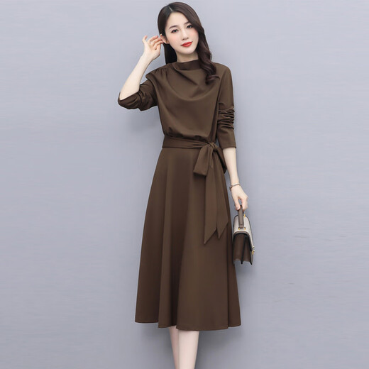 Chu Xin 2025 spring and autumn new women's fashionable temperament slim and slim women's long-sleeved dress bottoming skirt coffee color M (90-118Jin Jin equals 0.5 kg)