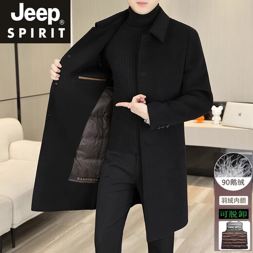JEEP SPIRIT双面呢外套男士长款羊毛呢风衣秋冬加厚羽绒内胆羊绒大衣男新品 LY2316藏青色(双面呢羊绒)中长款 XL (135-150斤)