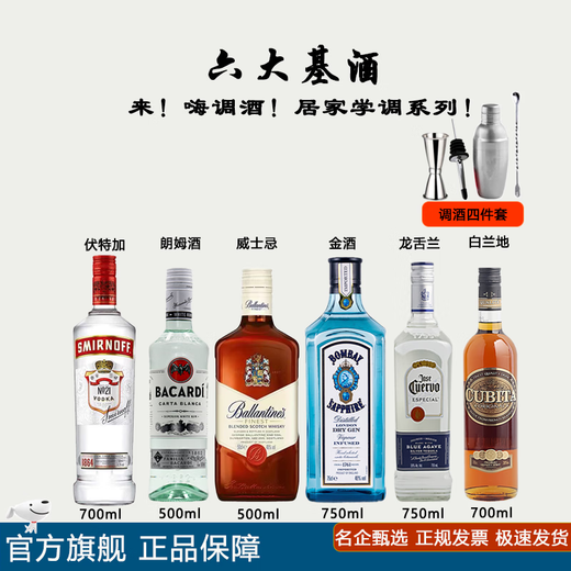 绝对伏特加[六大基酒]白兰地威士忌伏特加朗姆金酒龙舌兰居家调酒 DIY鸡尾酒 居家调酒二 500mL 6瓶 +调酒四件套