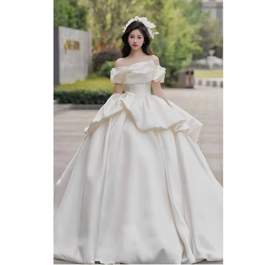 南月奚主婚纱法式缎面2025新娘质感豪华重工出门纱小个子长拖尾 白色单件婚纱齐地 S