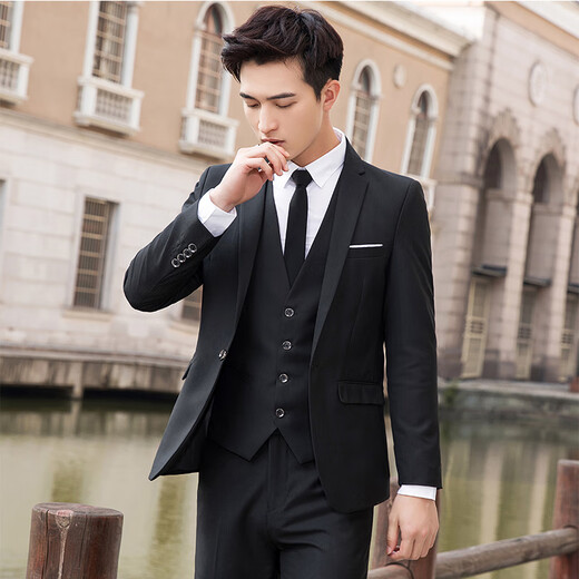 Playboy Suit Men's Jacket Top Youth Korean Slim Business Casual Formal Wedding Groomsman Small Suit Men Single Button Gray Suit + Pants + Vest + Shirt S