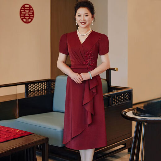 Vestido de moda de boda de Luoshu Xi Abuela Summer Summer Pequeña ropa de boda de alta gama 2024 Estilo de primavera y verano XI 6197 Vino Rojo L