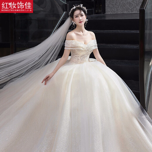 Red makeup Jiazhu wedding dress 2022 new bride one-shoulder forest style slimming starry sky wedding dress luxury tail light champagne floor-length XL