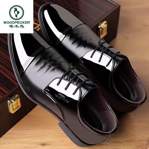 
Woodpecker Real Soft Leather Suit Men's Leather Shoes Men's Flat Groom Gloss Glossy Official Wedding Shoes Young Pointed Toe Boys Casual Wedding Shoes Spring and Autumn 9903 Glossy Black 39
