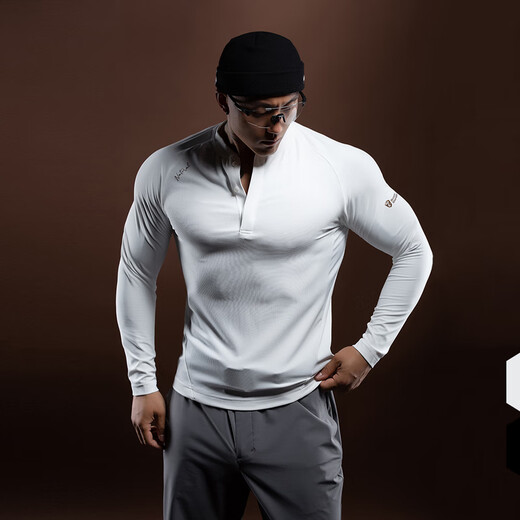 Monster Guardians Men's Long Sleeve Fitness Clothing Gold Stamping Logo Slim Fit Henley Moisture-wicking Sports Training Clothing White M