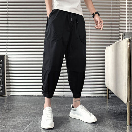 Fini Dongjue gutaussehende Hosen für Männer in der Sommerdünne Modemarke kleine Füße Arbeitspezier Neun-Punkte-Männer Internet Promi Lose Slim Harren Prise Hose K057 Black L 10-125jin [Jin gleich 0,5 kg]