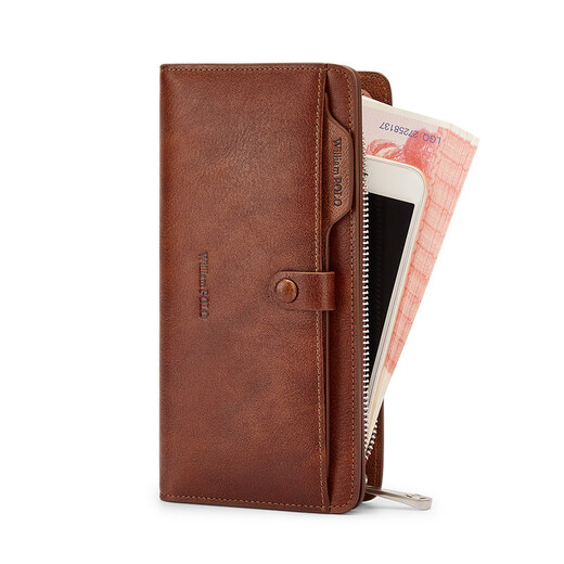 Williampolo Herren Brieftasche Langes Leder-Brieftasche Cowide Reißverschluss Bankkarte Chinesische Vatertagsgeschenk für Papa Retro Yellow-Brown (Theke Geschenkbox)