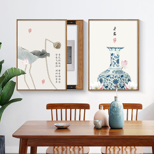 顺吉祥利 新中式电表箱装饰画竖款免打孔荷花配电箱遮挡电闸箱强电源开关 k1479 45*60（遮盖35*50）掀盖黑框