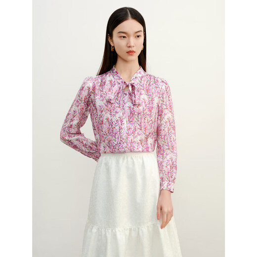 JUZUI shopping mall same style French elegant mulberry silk floating collared shirt for women spring JWEC60116 flower pink S