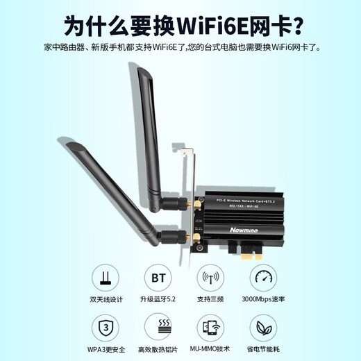 纽曼 3000M千兆PCI-E无线网卡电竞游戏双频5G台式内置PCI-E无线网卡wifi6代+蓝牙5.2+wifi接收/发射器