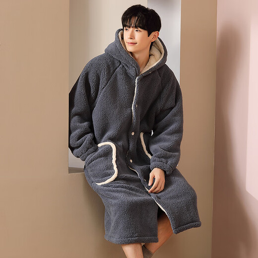 Yu Zhaolin Autumn and Winter Coral Velvet Pajamas Long Pajamas Bath Men's Velvet Thickened Extra Long Flange 2025 New 25 Years New NSCBF-Star Gray Pajamas Men L Recommended 90-135Jin Jin equals 0.5 kg