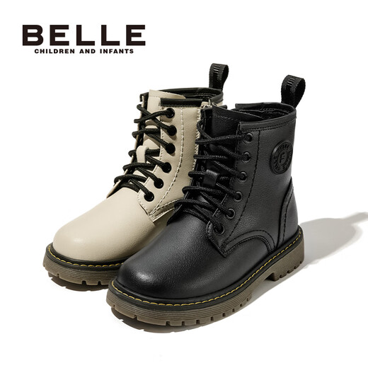 Belle Children's Shoes Girls Martin Boots Autumn and Winter Boys Warm Short Boots Children's Soft Sole Leather Boots Medium Big Children's Baby Boots Trend DE3891 Black 30