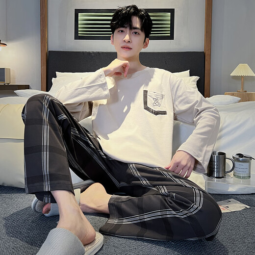 
Langsha pajamas men's spring and autumn long-sleeved suit 2024 new loose large size simple style student casual home clothing 15567 stripes L men (suitable for 100-130 Jin [Jin equals 0.5 kg])